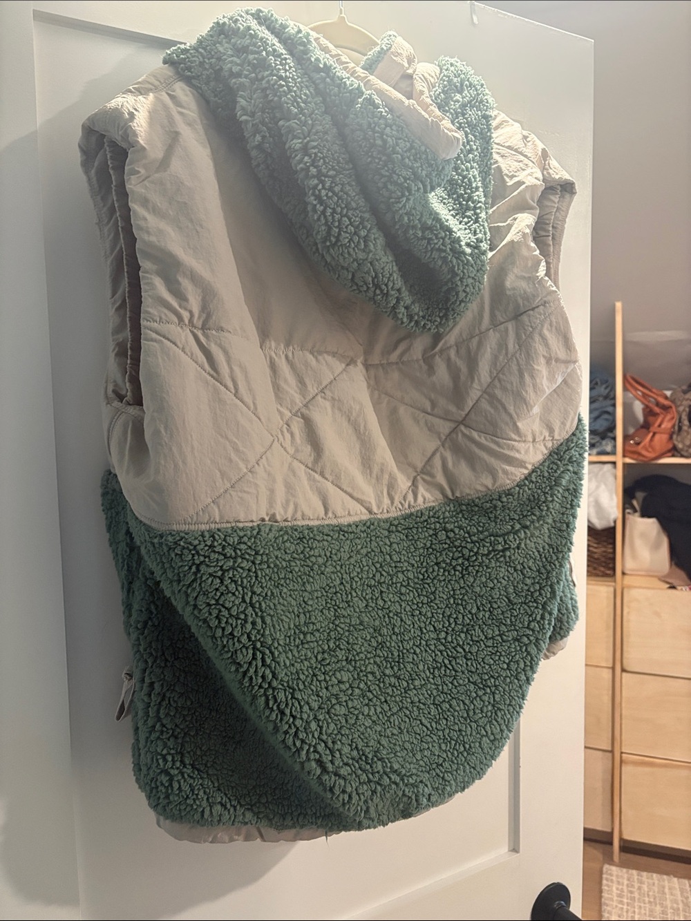 Free People Two-Tone Quilted Hooded Sherpa Vest in Cream and Sage